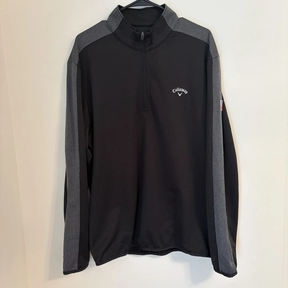 Callaway Golf 1/4 Zip Sweater Mens Large Black Gray Pullover USA Flag Patch